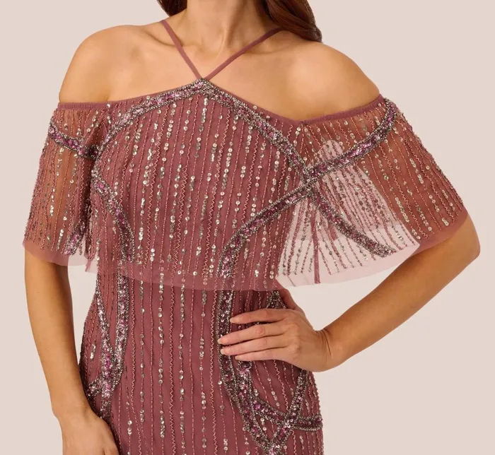 Midi Dresses Womens Adrianna Papell Beaded Off The Shoulder Sheath Dress With Halter Neck In Plum