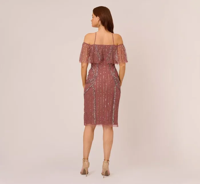 Midi Dresses Womens Adrianna Papell Beaded Off The Shoulder Sheath Dress With Halter Neck In Plum