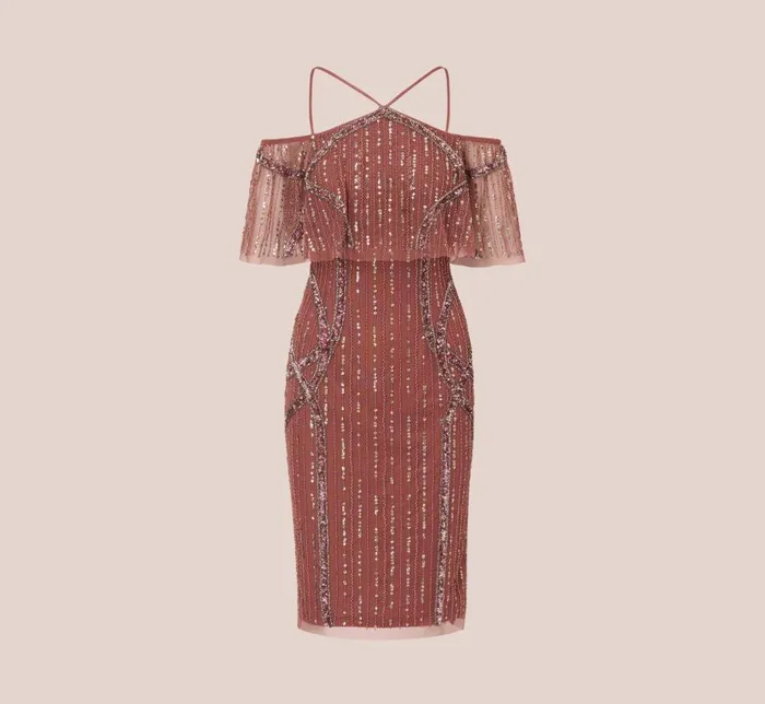 Midi Dresses Womens Adrianna Papell Beaded Off The Shoulder Sheath Dress With Halter Neck In Plum