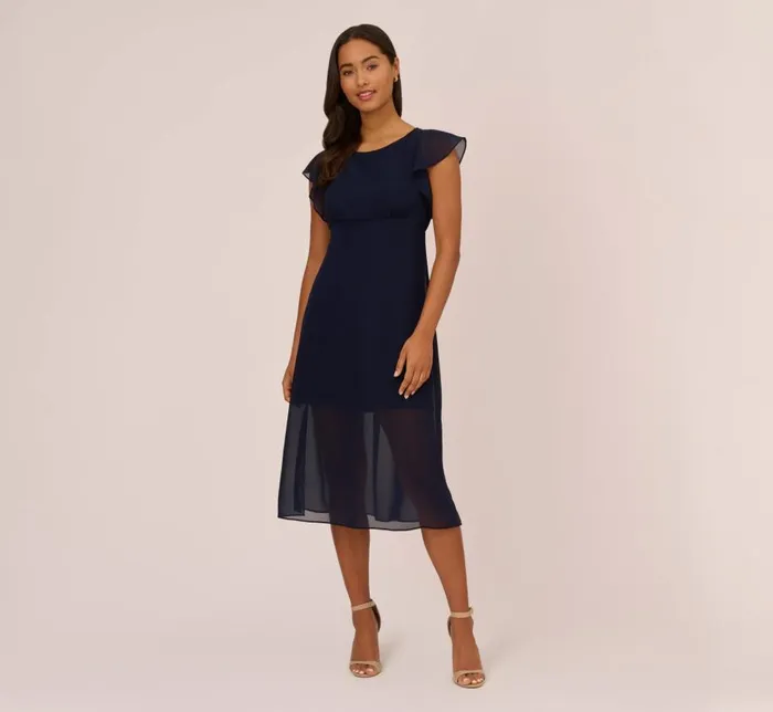 Midi Dresses Womens Adrianna Papell Chiffon And Jersey MidiLength Dress With Side Slits In Navy Midi Dresses Womens Adrianna Papell Chiffon And Jersey MidiLength Dress With Side Slits In Navy