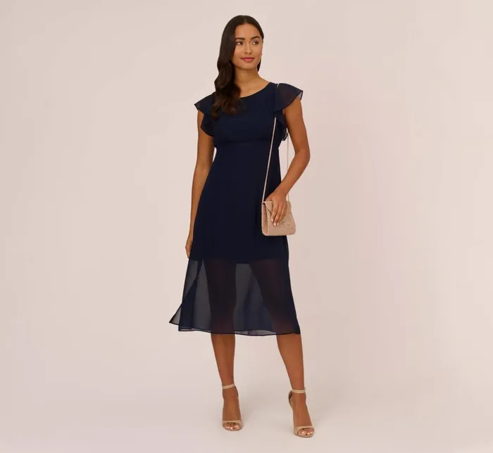 Midi Dresses Womens Adrianna Papell Chiffon And Jersey MidiLength Dress With Side Slits In Navy
