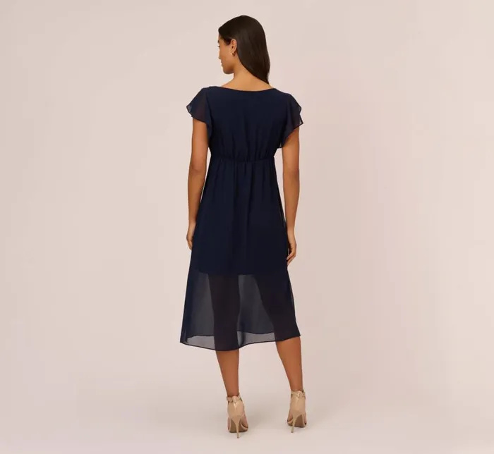 Midi Dresses Womens Adrianna Papell Chiffon And Jersey MidiLength Dress With Side Slits In Navy