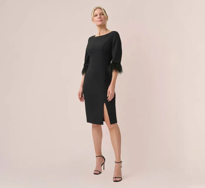 Midi Dresses Womens Adrianna Papell Crepe Sheath Dress With VBack And FeatherTrim Sleeves In Black Midi Dresses Womens Adrianna Papell Crepe Sheath Dress With VBack And FeatherTrim Sleeves In Black