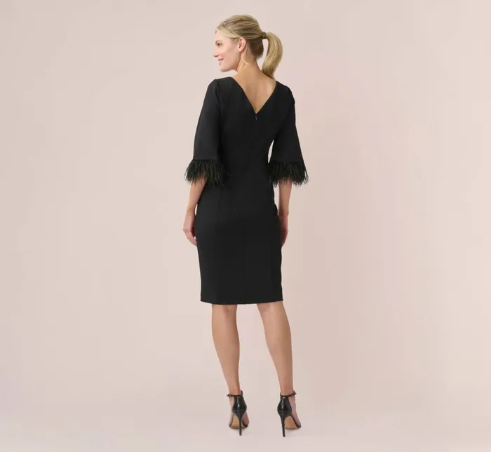 Midi Dresses Womens Adrianna Papell Crepe Sheath Dress With VBack And FeatherTrim Sleeves In Black