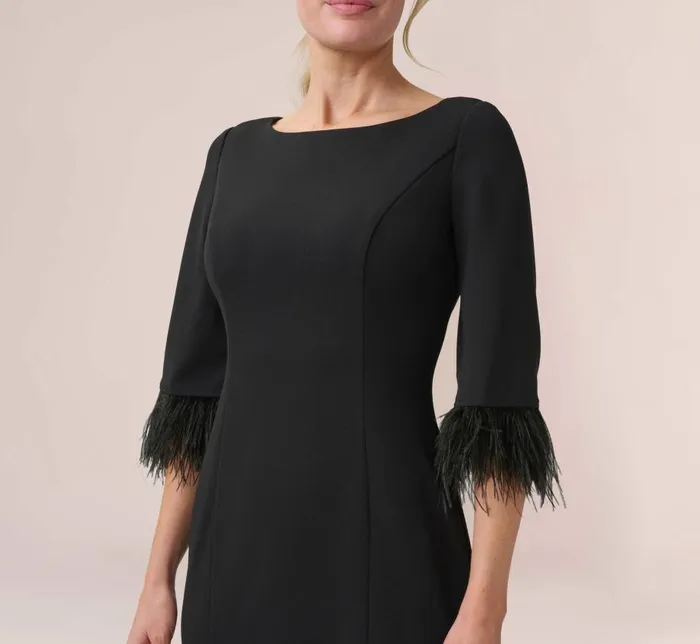 Midi Dresses Womens Adrianna Papell Crepe Sheath Dress With VBack And FeatherTrim Sleeves In Black