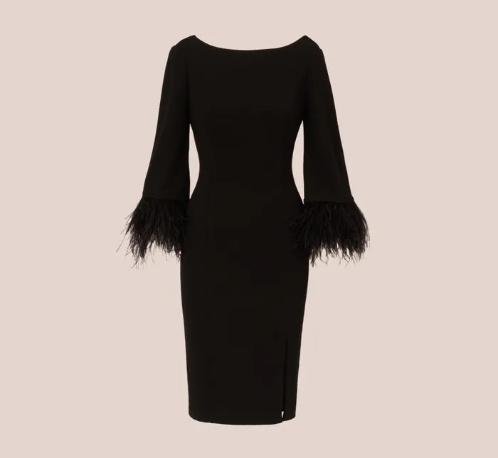 Midi Dresses Womens Adrianna Papell Crepe Sheath Dress With VBack And FeatherTrim Sleeves In Black