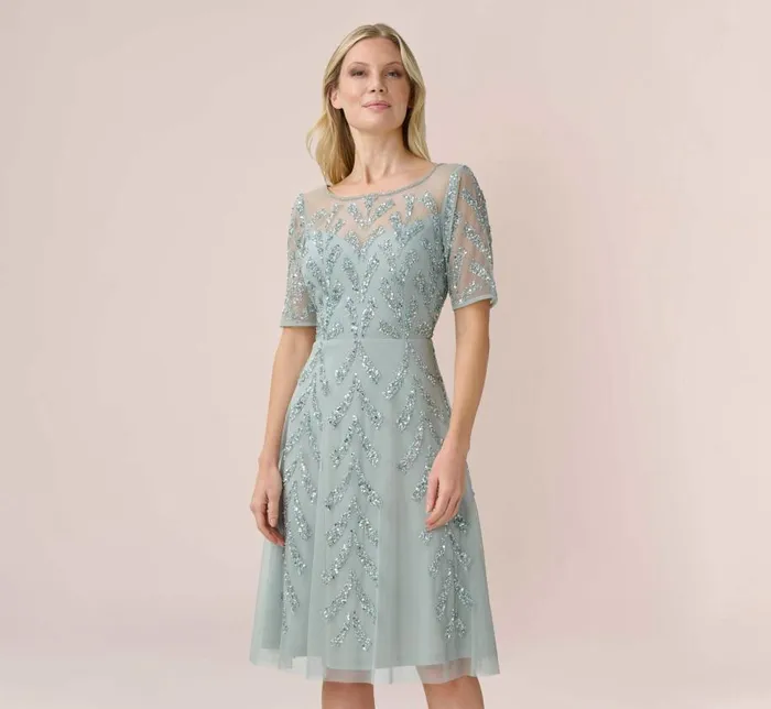 Midi Dresses Womens Adrianna Papell HandBeaded Illusion MidiLength FitAndFlare Cocktail Dress In Frosted Sage Midi Dresses Womens Adrianna Papell HandBeaded Illusion MidiLength FitAndFlare Cocktail Dress In Frosted Sage