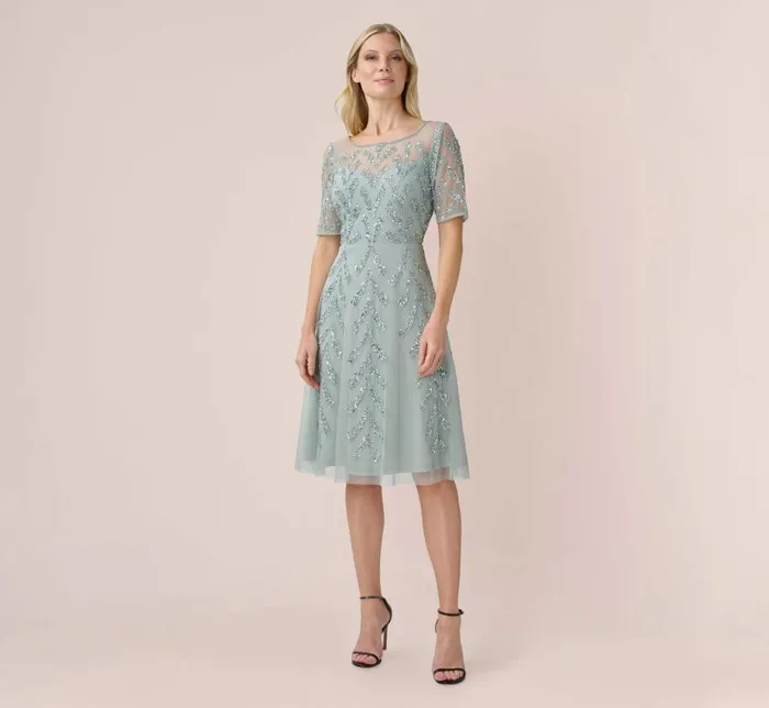Midi Dresses Womens Adrianna Papell HandBeaded Illusion MidiLength FitAndFlare Cocktail Dress In Frosted Sage