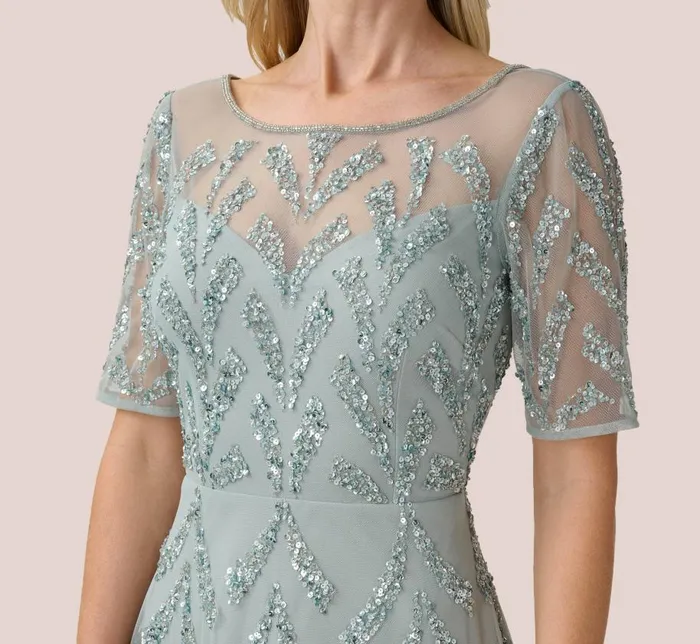 Midi Dresses Womens Adrianna Papell HandBeaded Illusion MidiLength FitAndFlare Cocktail Dress In Frosted Sage