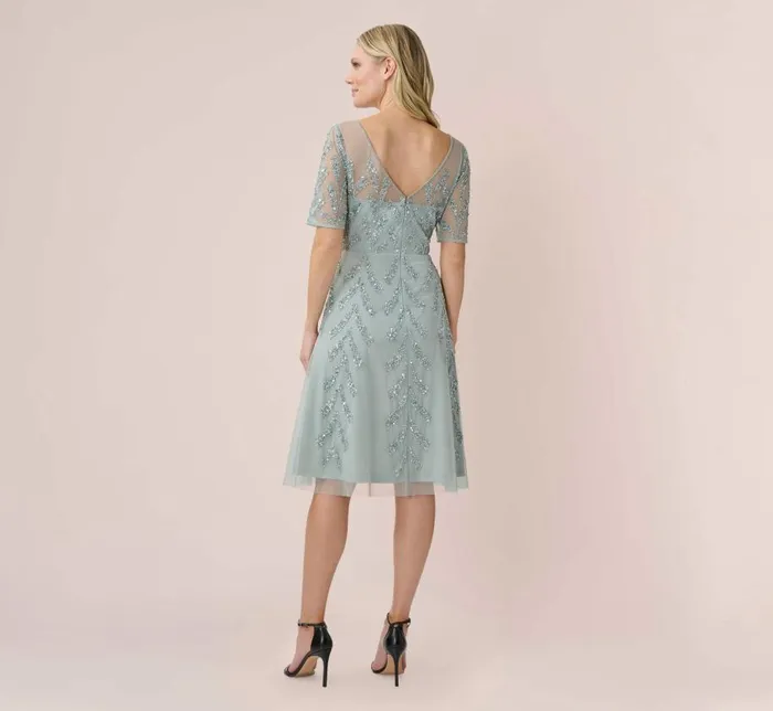 Midi Dresses Womens Adrianna Papell HandBeaded Illusion MidiLength FitAndFlare Cocktail Dress In Frosted Sage