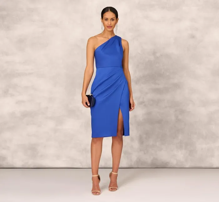 Midi Dresses Womens Adrianna Papell One Shoulder Crepe Cocktail Dress With Slit In Royal Sapphire