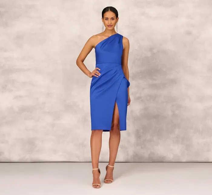 Midi Dresses Womens Adrianna Papell One Shoulder Crepe Cocktail Dress With Slit In Royal Sapphire