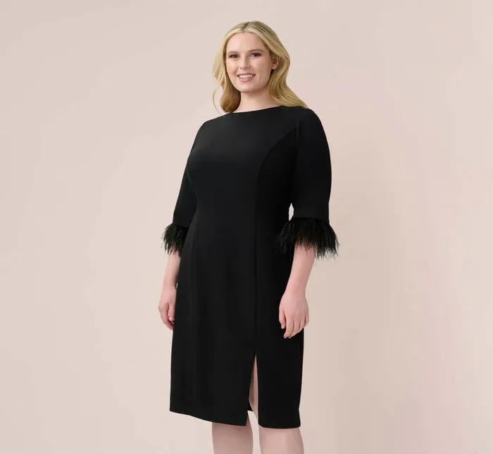 Midi Dresses Womens Adrianna Papell Plus Size Crepe Sheath Dress With VBack And FeatherTrim Sleeves In Black Midi Dresses Womens Adrianna Papell Plus Size Crepe Sheath Dress With VBack And FeatherTrim Sleeves In Black