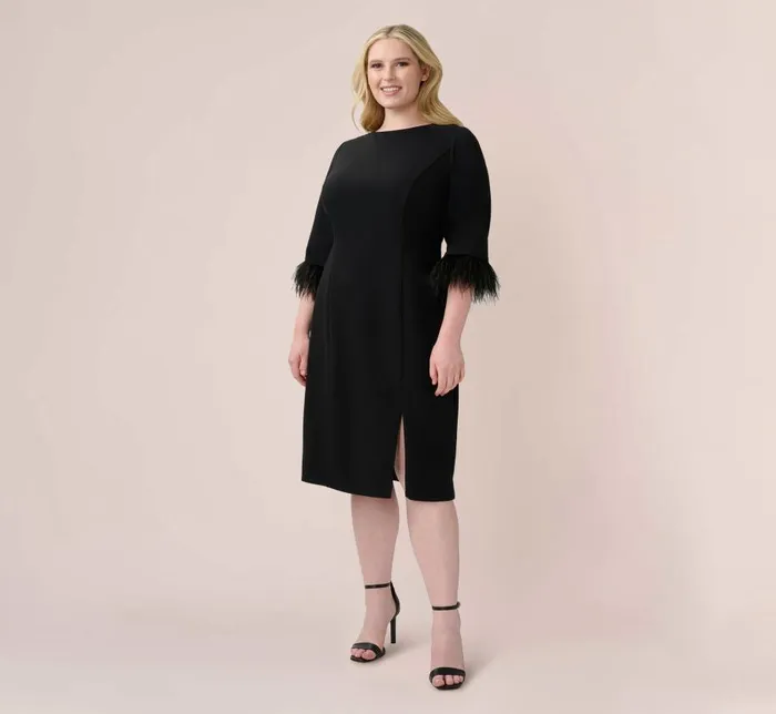 Midi Dresses Womens Adrianna Papell Plus Size Crepe Sheath Dress With VBack And FeatherTrim Sleeves In Black