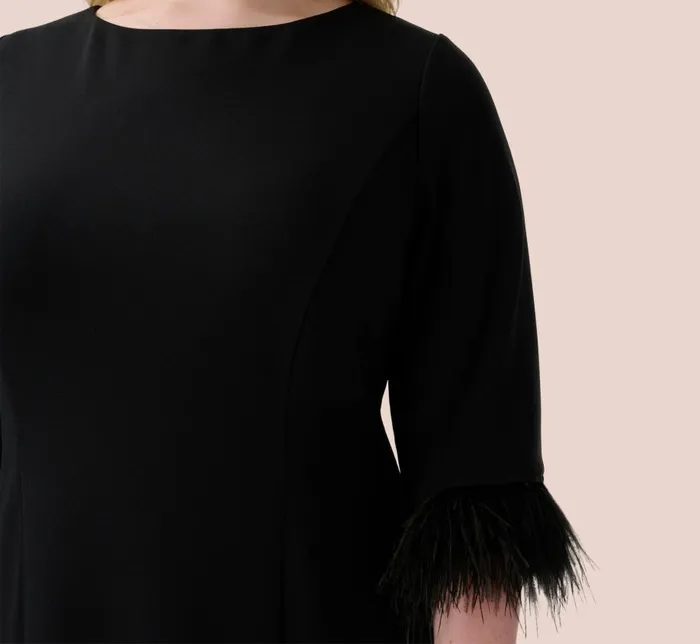 Midi Dresses Womens Adrianna Papell Plus Size Crepe Sheath Dress With VBack And FeatherTrim Sleeves In Black