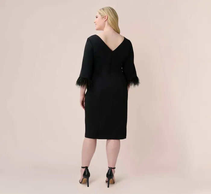 Midi Dresses Womens Adrianna Papell Plus Size Crepe Sheath Dress With VBack And FeatherTrim Sleeves In Black