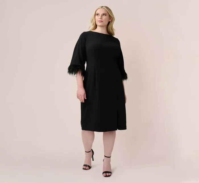 Midi Dresses Womens Adrianna Papell Plus Size Crepe Sheath Dress With VBack And FeatherTrim Sleeves In Black