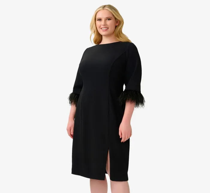 Midi Dresses Womens Adrianna Papell Plus Size Crepe Sheath Dress With VBack And FeatherTrim Sleeves In Black