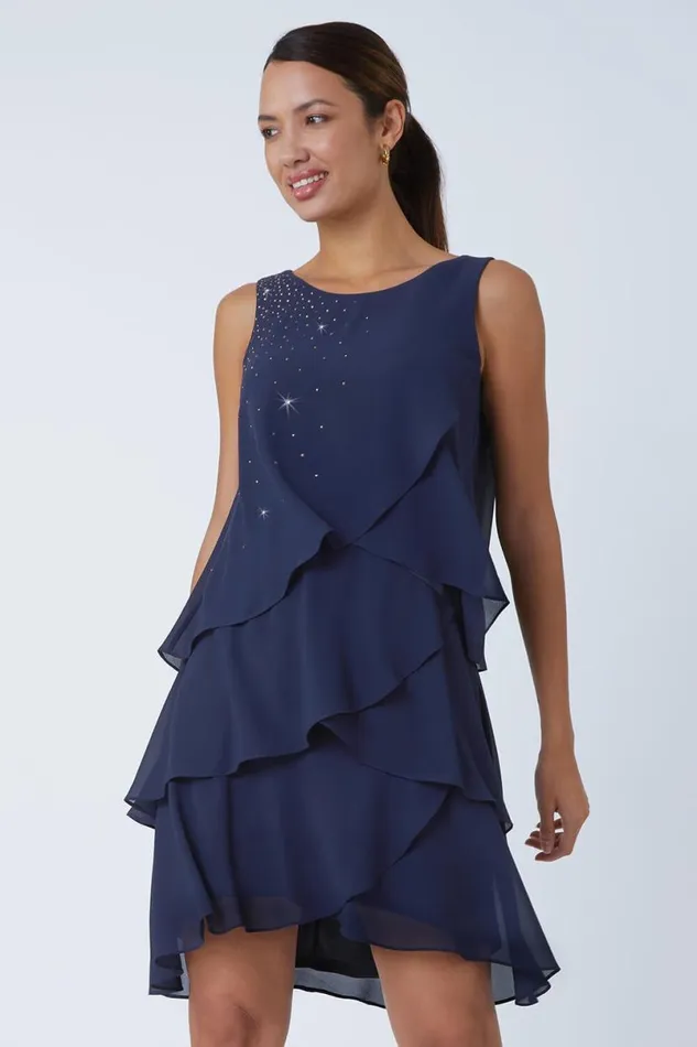 Midnight Blue Embellished Chiffon Frill Swing Dress Women Roman Dresses