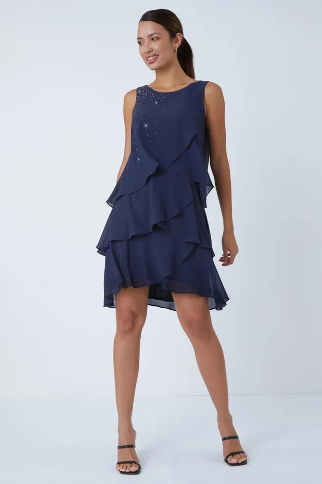 Midnight Blue Embellished Chiffon Frill Swing Dress Women Roman Dresses