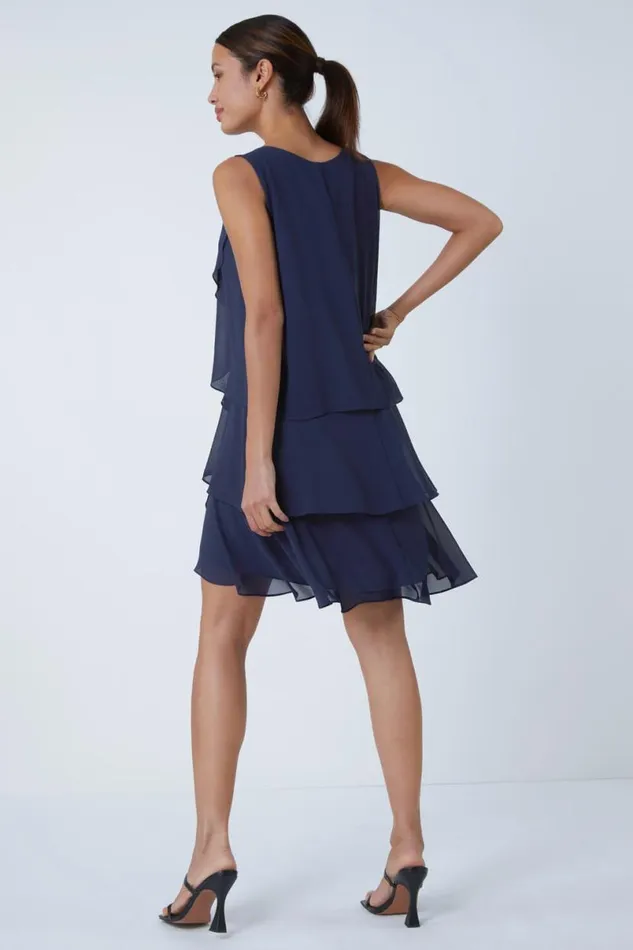 Midnight Blue Embellished Chiffon Frill Swing Dress Women Roman Dresses