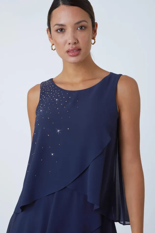 Midnight Blue Embellished Chiffon Frill Swing Dress Women Roman Dresses