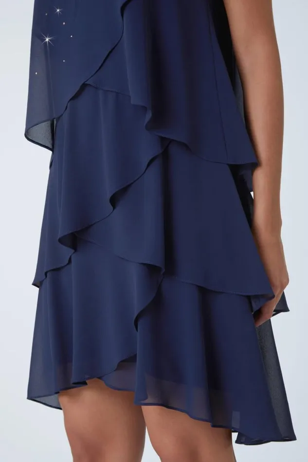 Midnight Blue Embellished Chiffon Frill Swing Dress Women Roman Dresses