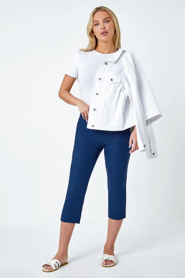 Midnight Blue Petite Elastic Waist Stretch Cropped Trouser Women Roman Trousers
