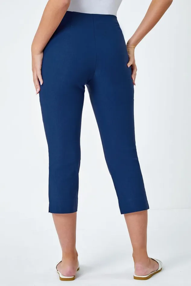 Midnight Blue Petite Elastic Waist Stretch Cropped Trouser Women Roman Trousers