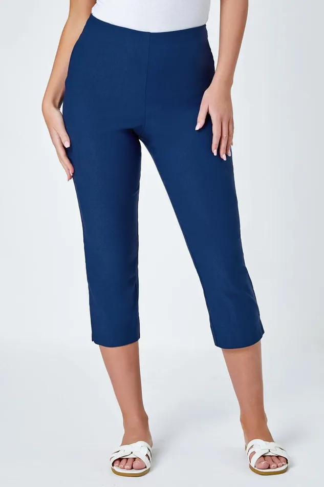 Midnight Blue Petite Elastic Waist Stretch Cropped Trouser Women Roman Trousers