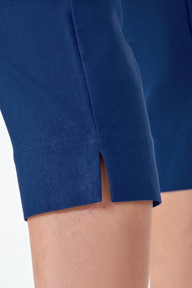 Midnight Blue Petite Elastic Waist Stretch Cropped Trouser Women Roman Trousers