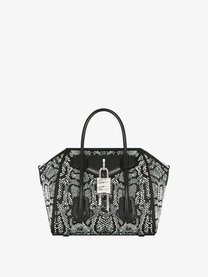 Mini Antigona Lock Bag In Satin With Python Effect Strass Black Women Givenchy Crossbody Bags