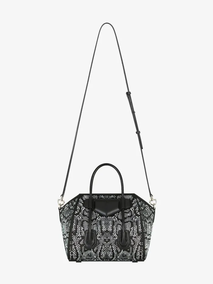 Mini Antigona Lock Bag In Satin With Python Effect Strass Black Women Givenchy Crossbody Bags