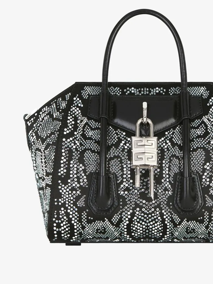Mini Antigona Lock Bag In Satin With Python Effect Strass Black Women Givenchy Crossbody Bags