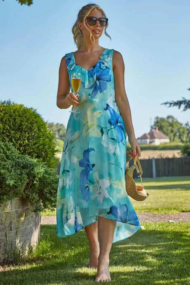Mint Floral Chiffon Frill Midi Dress Women Roman Dresses