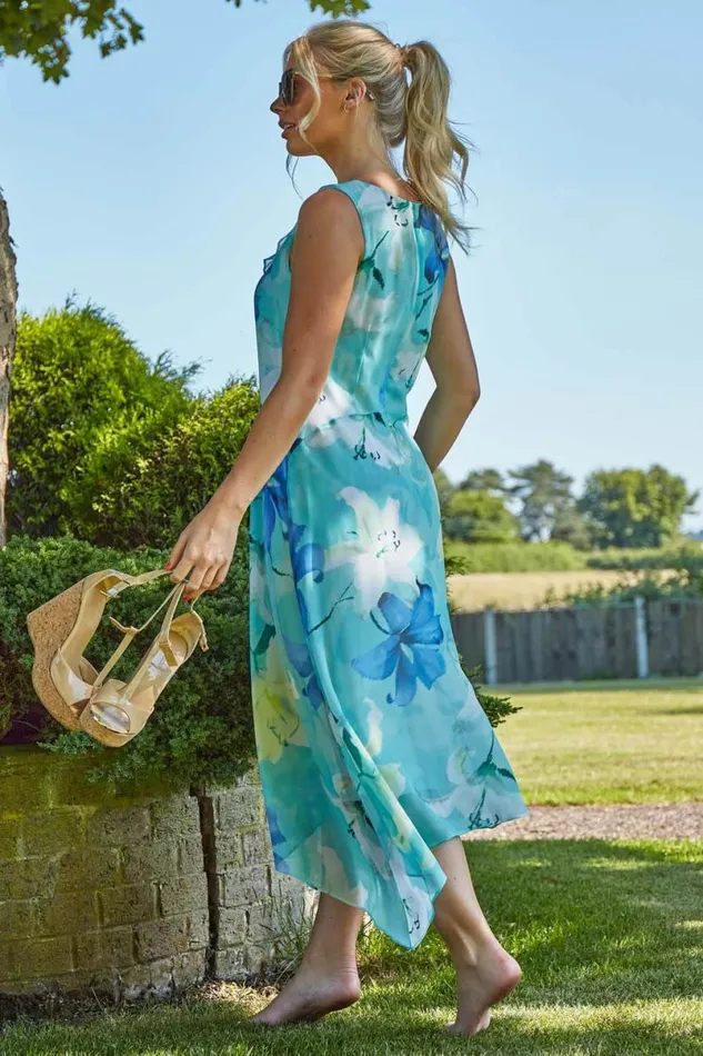 Mint Floral Chiffon Frill Midi Dress Women Roman Dresses
