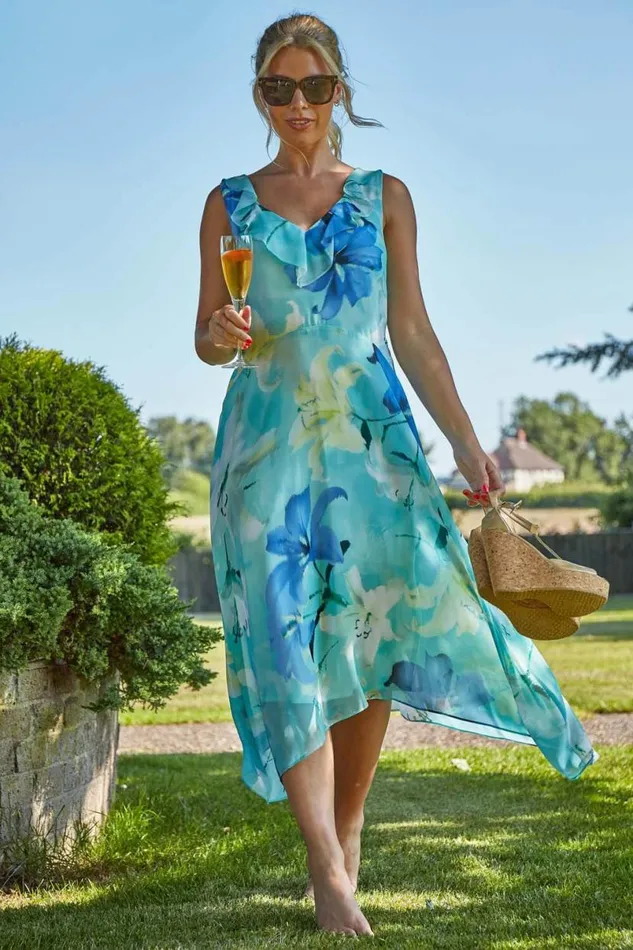 Mint Floral Chiffon Frill Midi Dress Women Roman Dresses