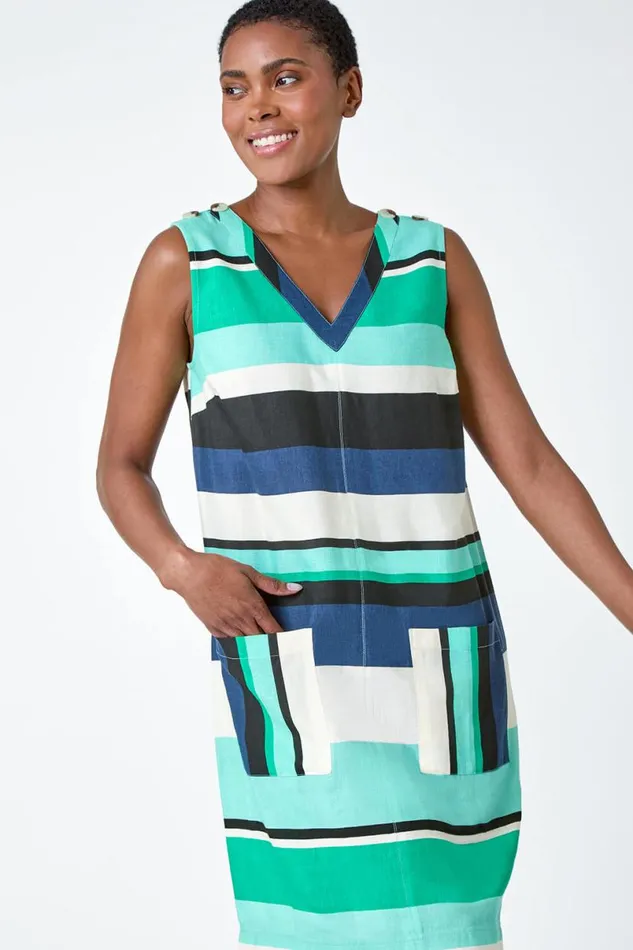 Mint Striped Cotton Blend Shift Dress Women Roman Dresses