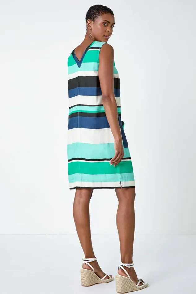 Mint Striped Cotton Blend Shift Dress Women Roman Dresses