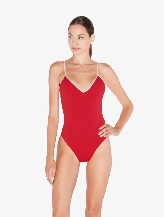 Monogram Vneck Swimsuit In Red Swim La Perla OnePiece Bathing Suits
