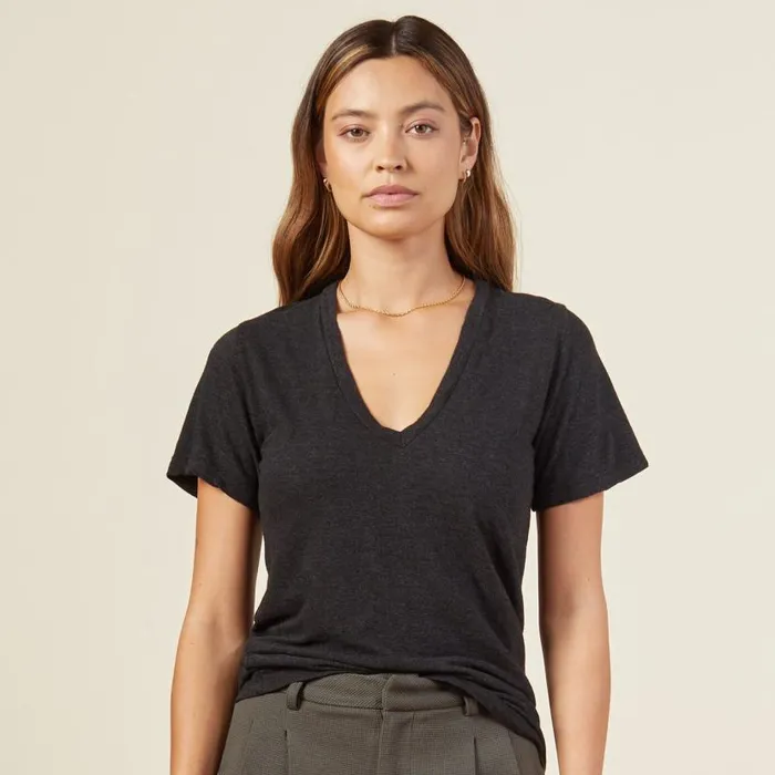 MONROW Tees Texured Tri Blended Fitted V Neck Tee 8211 Black 8211 Women