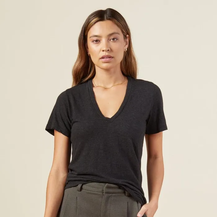 MONROW Tees Texured Tri Blended Fitted V Neck Tee 8211 Black 8211 Women MONROW Tees Texured Tri Blended Fitted V Neck Tee 8211 Black 8211 Women