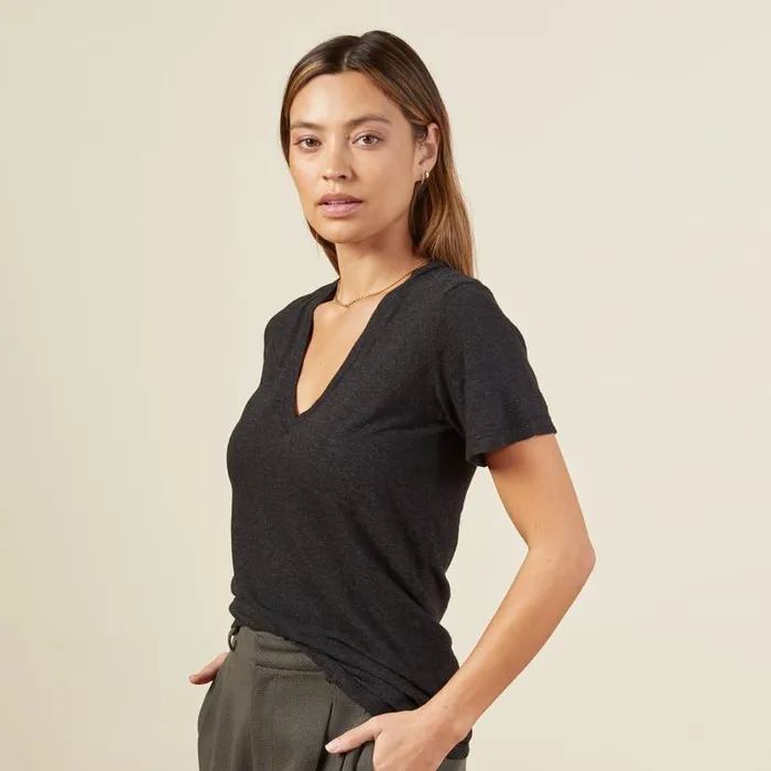 MONROW Tees Texured Tri Blended Fitted V Neck Tee 8211 Black 8211 Women MONROW Tees Texured Tri Blended Fitted V Neck Tee 8211 Black 8211 Women