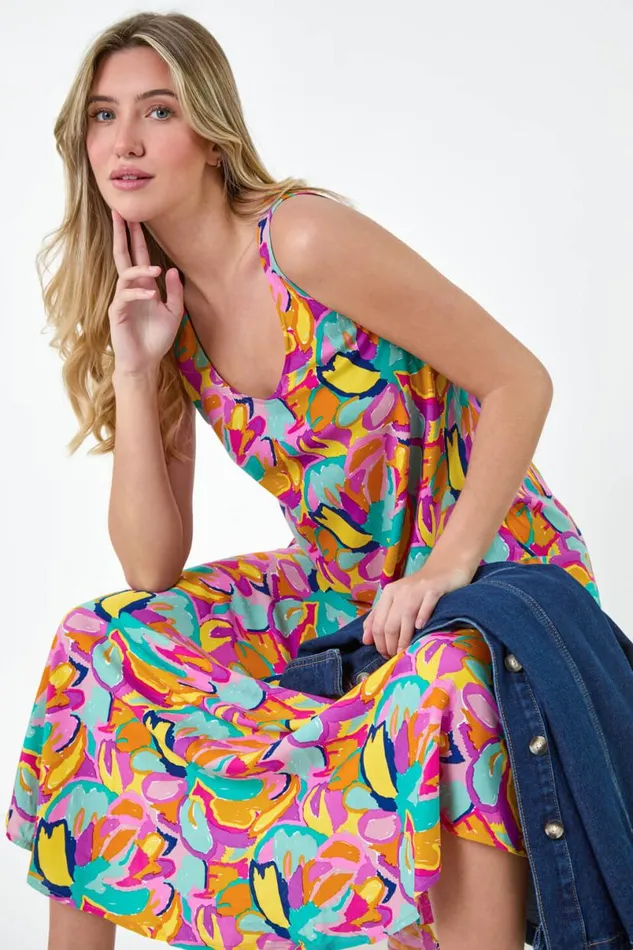 Multi Abstract Print Hanky Hem Dress Women Roman Dresses