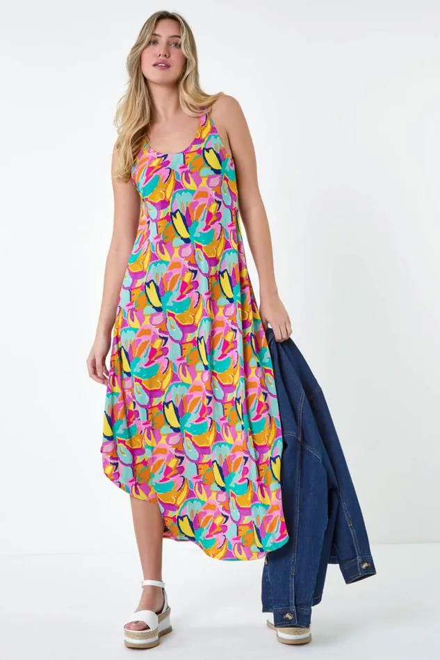 Multi Abstract Print Hanky Hem Dress Women Roman Dresses