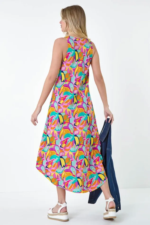 Multi Abstract Print Hanky Hem Dress Women Roman Dresses