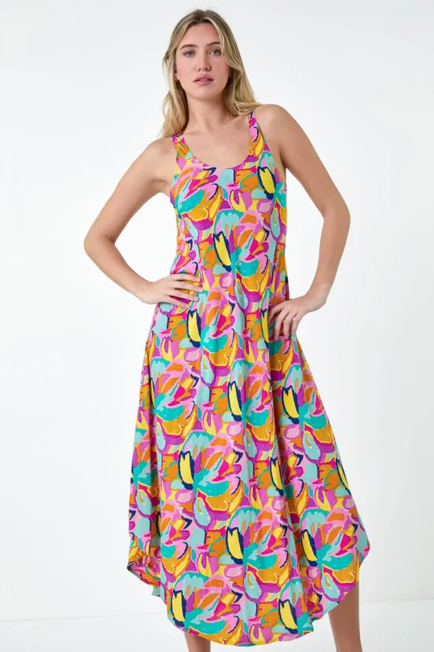 Multi Abstract Print Hanky Hem Dress Women Roman Dresses