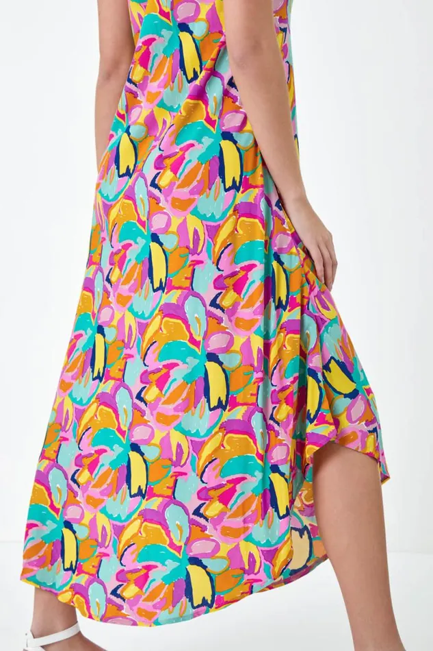 Multi Abstract Print Hanky Hem Dress Women Roman Dresses