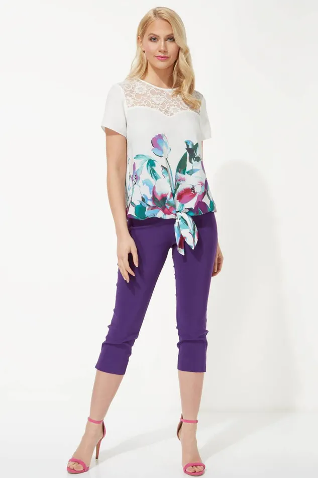 Multi Floral Border Print Tie Front Chiffon Top Women Roman Tops