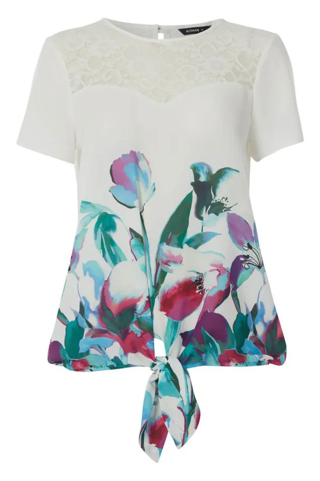 Multi Floral Border Print Tie Front Chiffon Top Women Roman Tops
